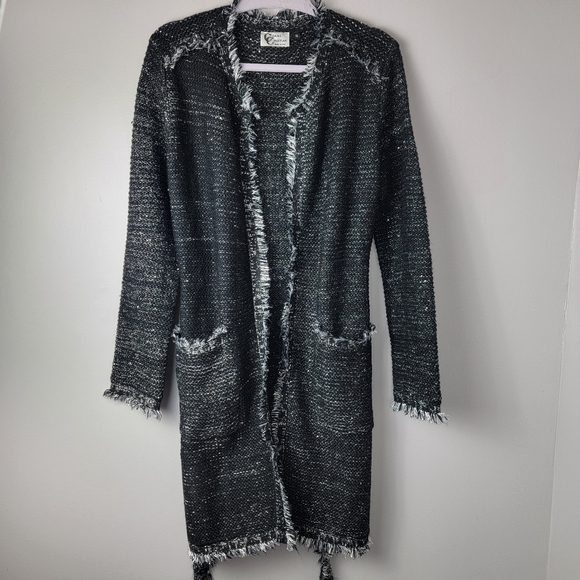 Carol Christian Women S Silver Knit Shiny Open Front Belted Sweater Coat Jacket - Picture 6 of 12